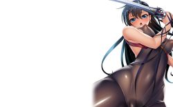 Rule 34 | 1girl, asymmetrical bangs, bare shoulders, black hair, blue eyes, blush, breasts, covered erect nipples, curvy, earrings, female focus, from below, fuuma tokiko, hair between eyes, jewelry, kagami hirotaka, large breasts, lilith-soft, linea alba, long hair, looking at viewer, midriff, nipples, no bra, no panties, open mouth, pussy juice, see-through, shiny clothes, simple background, skin tight, solo, spandex, spread legs, standing, sweat, sword, taimanin (series), taimanin asagi, taimanin asagi kessen arena, weapon, wet, wet clothes, wide hips