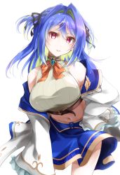 Rule 34 | 1girl, bare shoulders, belt, black ribbon, blue hair, blue skirt, blush, bow, breasts, brown belt, cowboy shot, fuyuno taka, gem, green hair, hair between eyes, hair intakes, hair ribbon, head tilt, highres, hiyoku no crosspiece, jacket, large breasts, leaning forward, long hair, looking at viewer, midriff, mole, mole on stomach, mole under eye, nanashi inc., off shoulder, open clothes, open jacket, orange bow, parted lips, purple eyes, ribbed shirt, ribbon, shirt, simple background, skirt, smile, solo, striped clothes, striped shirt, suzumi nemo, transparent background, two side up, virtual youtuber, white background, white jacket, white shirt, wind, wind lift