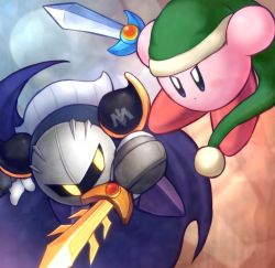 Rule 34 | 2boys, armor, battle, blue eyes, blush, cape, copy ability, eye contact, fighting, galaxia (sword), green headwear, hat, holding, holding sword, holding weapon, kirby, kirby (series), kirby super star, looking at another, mask, master sword, meta knight, multiple boys, nintendo, pauldrons, serious, shoulder armor, shoulder pads, suta (clusta), sword, sword fight, sword kirby, weapon, yellow eyes