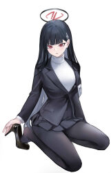 Rule 34 | 1girl, absurdres, adjusting footwear, black footwear, black hair, black jacket, black pantyhose, black skirt, black suit, blue archive, breasts, formal, full body, hair behind ear, halo, high heels, highres, id card, jacket, kneeling, large breasts, long hair, long sleeves, looking at viewer, miniskirt, nagata gata, pantyhose, parted lips, pleated skirt, pocket, red eyes, rio (blue archive), shirt, simple background, skirt, solo, suit, thighs, turtleneck, white background, white shirt