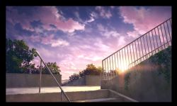 Rule 34 | black border, border, cloud, cloudy sky, commentary request, fence, kimura (user iht1203), lens flare, no humans, original, outdoors, purple sky, railing, scenery, sky, stairs, sunset, tree