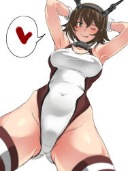 Rule 34 | 10s, 1girl, :p, armpits, arms behind head, ass, blush, breasts, brown hair, competition swimsuit, covered navel, cowboy shot, crotch, female focus, from below, green eyes, hair between eyes, heart, kantai collection, large breasts, looking at viewer, looking down, mutsu (kancolle), navel, one-piece swimsuit, one eye closed, short hair, solo, spread legs, standing, swimsuit, thighhighs, thighs, tongue, tongue out, ulrich (tagaragakuin), white background, white one-piece swimsuit