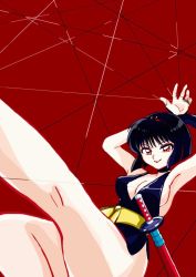 Rule 34 | 1girl, artist request, ass, bare legs, bare shoulders, black hair, bob cut, breasts, cleavage, dress, hairband, inuyasha, katana, large breasts, lips, lipstick, looking at viewer, makeup, naughty face, no bra, no panties, red background, red eyes, revealing clothes, sakasagami no yura, shiny clothes, shiny skin, short dress, simple background, solo, sword, weapon
