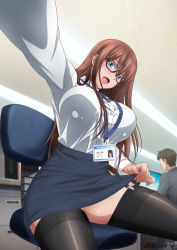 Rule 34 | 1boy, 1girl, black thighhighs, blue eyes, blue skirt, breasts, brown hair, business suit, ceiling, chair, clothes lift, collared shirt, desk, drawer, dress shirt, formal, garter straps, glasses, highres, jimihen jimiko wo kaechau jun isei kouyuu, key visual, large breasts, lifted by self, long hair, monitor, name tag, office, office chair, office lady, official art, open mouth, promotional art, selfie, shirt, sidelocks, sitting, skirt, skirt lift, solo focus, suit, swivel chair, thighhighs, thighs, white shirt, yukuhashi rena, zettai ryouiki