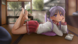 Rule 34 | 1girl, absurdres, ahoge, artist name, bare legs, barefoot, bow, feet, food, full body, hair bow, hand on own face, highres, hiiragi kagami, house, indoors, looking up, lucky star, lying, manga (object), midriff peek, mouth hold, novcel, on floor, on stomach, plant, pocky, purple eyes, purple hair, revision, school uniform, serafuku, skirt, soles, solo, the pose, toes, tree, twintails