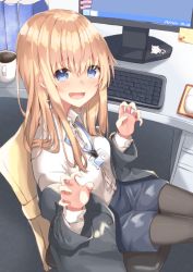 Rule 34 | 1girl, :d, black jacket, black pantyhose, black skirt, blonde hair, blue eyes, blush, book, breasts, claw pose, coffee cup, collared shirt, commentary request, cross, cross earrings, cup, desk, disposable cup, dress shirt, earrings, heart, highres, hiiragi kifuyu, id card, indoors, jacket, jewelry, keyboard (computer), long sleeves, looking at viewer, monitor, note, off shoulder, office lady, open clothes, open jacket, open mouth, original, pantyhose, pencil skirt, shirt, sitting, skirt, small breasts, smile, solo, tearing up, tears, wing collar