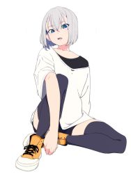 Rule 34 | 1girl, black thighhighs, blue eyes, female focus, full body, grey hair, high tops, open mouth, original, oversized clothes, oversized shirt, shirt, shoes, short hair, simple background, sitting, slit pupils, sneakers, sohin, solo, thighhighs, white background