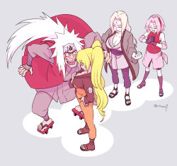 Rule 34 | 1boy, 3girls, age difference, anger vein, angry, black jacket, blonde hair, blood, blue eyes, blush, boots, breasts, casual, cleavage, clenched hand, closed mouth, clothes pull, collarbone, cracking knuckles, closed eyes, facial mark, facing another, forehead mark, forehead protector, full body, genderswap, genderswap (mtf), gloves, hair ornament, hairband, hand on own hip, hand up, happy, haruno sakura, hetero, imminent punch, jacket, jiraiya (naruto), knee boots, konohagakure symbol, large breasts, laughing, leaning forward, leaning in, long hair, long sleeves, looking at another, looking at breasts, looking down, medium breasts, medium hair, multicolored clothes, multicolored jacket, multiple girls, naruko (naruto), naruto, naruto (series), naruto shippuuden, ninja, nosebleed, open mouth, orange jacket, orange pants, pants, pervert, perverted, pink hair, ponytail, red hairband, red shirt, risuo, sandals, sash, shirt, shirt pull, shorts, skirt, sleeveless, sleeveless shirt, smile, standing, talking, teacher and student, teeth, tongue, tsunade (naruto), twintails, twitter username, naruko (naruto), uzumaki naruto, very long hair, whisker markings, whiskers, white hair
