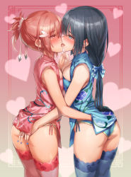 Rule 34 | 2girls, absurdres, ass, black hair, blue dress, blue eyes, blue nails, blue panties, blush, bow, breast press, breasts, china dress, chinese clothes, cleavage, cleavage cutout, clothing cutout, dress, french kiss, green eyes, hair between eyes, hair ornament, hair ribbon, highres, interlocked fingers, kiss, large breasts, long hair, michairu, multiple girls, nail polish, open mouth, panties, red dress, red eyes, red hair, red legwear, red nails, red panties, ribbon, short hair, side-tie panties, sleeveless, sleeveless dress, small breasts, symmetrical docking, thighhighs, tongue, tougou mimori, underwear, yuri, yuuki yuuna, yuuki yuuna wa yuusha de aru, yuusha de aru