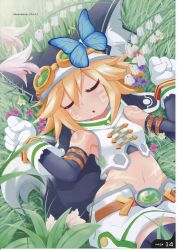 Rule 34 | 1girl, animal ears, blonde hair, blush, bug, butterfly, crop top, cyberconnect2, drooling, closed eyes, flower, goggles, grass, hat, highres, bug, neptune (series), saliva, scan, short hair, sleeping, tail