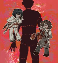 Rule 34 | 1boy, 1girl, beard stubble, black hair, blood, blood on clothes, blood on face, brown hair, cannibalism, cigarette, clenched teeth, closed eyes, dz 4589, facial hair, food, gregor (project moon), hair bun, holding, holding food, holding knife, jacket, knife, limbus company, meat, medium hair, pants, project moon, red eyes, ryoshu (project moon), short hair, stubble, teeth, white jacket, white pants