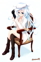 Rule 34 | 10s, 1girl, bad id, bad pixiv id, boots, chair, cross-laced footwear, full body, gloves, hat, hibiki (kancolle), kantai collection, long hair, minari (minari37), open clothes, open mouth, open shirt, shirt, silver hair, simple background, single thighhigh, sitting, solo, thighhighs, verniy (kancolle), white background
