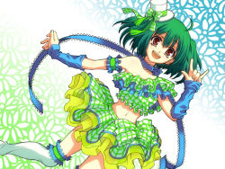 Rule 34 | 1girl, \m/, arm warmers, bow, green hair, hat, macross, macross frontier, masurao bc, md5 mismatch, midriff, mini hat, mini top hat, navel, open mouth, ranka lee, red eyes, ribbon, skirt, smile, solo, thighhighs, top hat