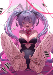 Rule 34 | 1girl, :d, ace (playing card), ace of hearts, animal ears, arms behind back, bare shoulders, black leotard, blue eyes, blue hair, blue nails, blush, bow, bowtie, breasts, cameltoe, card, cleavage, clothing cutout, covered navel, detached collar, fishnet pantyhose, fishnets, floating card, full body, hair between eyes, hair ornament, hairband, hatsune miku, heart, heart-shaped pupils, heart cutout, heart hair ornament, highres, knees apart feet together, legs, legs up, leotard, long hair, medium breasts, multicolored hair, nail polish, open mouth, pantyhose, pink hair, playing card, pole, rabbit ears, rabbit girl, rabbit hole (vocaloid), red bow, red bowtie, silentcity, smile, solo, spaghetti strap, spread legs, strap slip, streaked hair, stripper pole, symbol-shaped pupils, twintails, two-tone hair, very long hair, vocaloid, white hairband, x hair ornament