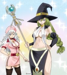Rule 34 | 2girls, asymmetrical hair, blue eyes, braid, breasts, choker, cleavage, colorized, detached sleeves, eden&#039;s zero, fishnet legwear, fishnets, garter straps, gaston18, green hair, hair between eyes, hand on own hip, hat, highres, holding, holding staff, large breasts, long hair, looking at viewer, mashima hiro, midriff, multiple girls, nail polish, navel, nurse, simple background, sister ivry, staff, standing, stocking, thighhighs, underboob, white hair, witch (eden&#039;s zero), witch hat