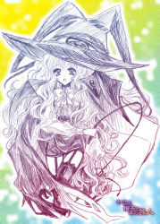 Rule 34 | 00s, 1girl, garter straps, hat, holding, kokko744, lilith (yamibou), long hair, looking at viewer, miniskirt, open mouth, pencil skirt, sketch, skirt, solo, thighhighs, very long hair, wavy hair, witch hat, yami to boushi to hon no tabibito, zettai ryouiki