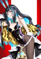 Rule 34 | animal ears, black hair, black leotard, blue hair, brown pantyhose, colored inner hair, eyeliner, fate/grand order, fate (series), glowing pupils, gold jacket, grey eyes, highleg, highleg leotard, highres, jacket, leotard, makeup, multicolored clothes, multicolored hair, multicolored jacket, multicolored leotard, pantyhose, playboy bunny, rabbit-shaped pupils, rabbit ears, symbol-shaped pupils, tenochtitlan (fate), tenochtitlan (swimsuit mooncancer) (fate), tenochtitlan (swimsuit mooncancer) (third ascension) (fate), two-sided gloves, two-tone jacket, uzu asc, wavy hair, yellow jacket