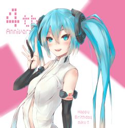 Rule 34 | aiya, arched back, bad id, bad pixiv id, bare shoulders, blue eyes, blue hair, breasts, center opening, elbow gloves, gloves, hair ornament, hatsune miku, hatsune miku (append), markings, necktie, smile, solo, tsurime, twintails, vocaloid, vocaloid append