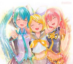 Rule 34 | 3girls, :d, ^ ^, aqua hair, artist name, bare shoulders, blonde hair, blush, detached sleeves, closed eyes, hair ornament, hatsune miku, headphones, headset, kagamine rin, long hair, mayo riyo, megurine luka, multiple girls, navel, necktie, open mouth, outstretched arms, pink hair, short hair, smile, traditional media, twintails, v, very long hair, vocaloid