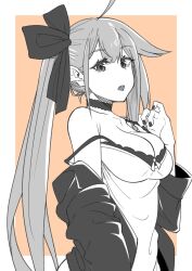Rule 34 | 1girl, ahoge, bare shoulders, bow, breasts, choker, cleavage, commentary request, dress, fal (girls&#039; frontline), girls&#039; frontline, greyscale with colored background, hair bow, highres, jacket, large breasts, long hair, looking at viewer, monochrome, nail polish, nakiusagi, off shoulder, open mouth, side ponytail, solo, upper body, very long hair
