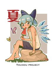 Rule 34 | 1girl, animal, barefoot, black shorts, blue bow, blue eyes, blue hair, bow, bug, butterfly, chenwei jun, cirno, detached wings, fairy, food, hair bow, highres, holding, holding food, ice, ice wings, insect, popsicle, short hair, shorts, solo, tank top, touhou, white tank top, wings