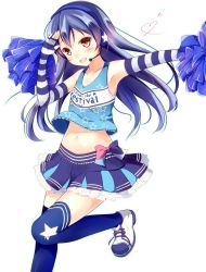 Rule 34 | 1girl, :d, arm up, armpits, bad id, bad pixiv id, blue hair, blue shirt, blue skirt, blue thighhighs, brown eyes, bush, character name, cheerleader, collarbone, copyright name, elbow gloves, fingerless gloves, floating hair, gloves, hair between eyes, headphones, heart, leg up, long hair, love live!, love live! school idol festival, love live! school idol project, microphone, midriff, miniskirt, navel, open mouth, pleated skirt, pom pom (cheerleading), shirt, simple background, skirt, sleeveless, smile, solo, sonoda umi, standing, standing on one leg, star (symbol), star print, stomach, striped clothes, striped gloves, thighhighs, white background, yuuyu (yuuyu015)