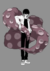 Rule 34 | 1boy, black hair, black pants, chainsaw man, full body, grey background, greyscale with colored background, hand in pocket, highres, jacket, looking at viewer, mole, mole under mouth, octopus devil (chainsaw man), pants, short hair, simple background, smile, solo focus, standing, tentacles, white jacket, ym yoshiya, yoshida hirofumi