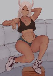 Rule 34 | 1girl, absurdres, animal ears, arms behind head, boku no hero academia, breasts, couch, crop top, curvy, dark-skinned female, dark skin, female focus, highres, jewelry, long hair, looking at viewer, medium breasts, micro shorts, mirko, navel, necklace, nike (company), rabbit ears, rabbit girl, red eyes, shoes, shorts, sitting, smile, sneakers, solo, stomach, thick thighs, thighs, thong, white hair, wide hips, zaki (zaki btw)