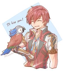 Rule 34 | 1boy, adol christin, animal on arm, bird, bird on arm, brown gloves, closed eyes, english text, falcom, gloves, hair between eyes, little paro, male focus, mishiro (andante), open mouth, parrot, red hair, short sleeves, simple background, solo, sweatdrop, twitter username, wavy mouth, white background, ys, ys viii lacrimosa of dana