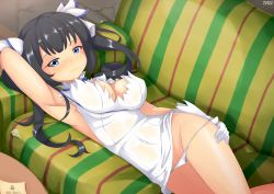 Rule 34 | 10s, 1girl, :3, arm up, armpits, black hair, blue eyes, blush, breast lift, breasts, cleavage, cleavage cutout, clothes lift, clothing cutout, come hither, couch, dress, dress lift, dungeon ni deai wo motomeru no wa machigatteiru darou ka, female focus, gloves, groin, hair ribbon, hand on own hip, hestia (danmachi), highres, large breasts, long hair, looking at viewer, lying, on back, on couch, panties, panty pull, psychopath idiot, rei no himo, ribbon, sleeveless, sleeveless dress, solo, twintails, underwear, white dress, white gloves, white panties