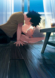 Rule 34 | 2boys, alcohol, armpits, arms behind head, artist name, bakugou katsuki, biceps, black legwear, black pants, black tank top, blonde hair, blush, boku no hero academia, breast press, closed eyes, closed mouth, cup, curly hair, curtains, drinking glass, embarrassed, fingernails, freckles, freestyle18, green eyes, green hair, grin, highres, ice, indoors, looking at another, lying, male focus, midoriya izuku, multiple boys, on back, pale skin, pants, plant, potted plant, pout, scar, scar on arm, shirt, short hair, short sleeves, sleeveless, sliding doors, smile, spiked hair, straddling, sweat, symmetrical docking, t-shirt, tank top, teeth, toned, twitter username, watermark, wooden floor, yaoi, yellow shirt