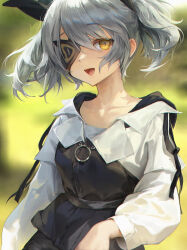 Rule 34 | 1girl, absurdres, blurry, blurry background, cat girl, charles (106858), collarbone, eye mask, grey hair, hair between eyes, highres, looking at viewer, open mouth, original, short hair, sidelocks, slit pupils, solo, upper body, yellow eyes