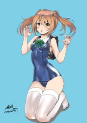 Rule 34 | 1girl, backpack, bag, blue background, blue one-piece swimsuit, chestnut mouth, commentary request, curled fingers, detached collar, double bun, eureka (eureka-0075), full body, green ribbon, hair bun, kantai collection, kneeling, light brown hair, looking at viewer, michishio (kancolle), neck ribbon, one-piece swimsuit, randoseru, ribbon, school swimsuit, short hair, short twintails, simple background, solo, swimsuit, thighhighs, twintails, white thighhighs, yellow eyes