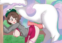 Rule 34 | 1girl, absurdres, animal penis, bad id, bad pixiv id, bestiality, blush, breasts, breasts out, brown eyes, brown hair, censored, creatures (company), galarian form, galarian rapidash, game freak, gen 8 pokemon, gloria (pokemon), hat, highres, horse penis, imminent penetration, interspecies, mosaic censoring, nintendo, nipples, nivi, no bra, open mouth, paid reward available, panties, panty pull, penis, pink panties, pokemon, pokemon (creature), pokemon swsh, pokephilia, short hair, underwear