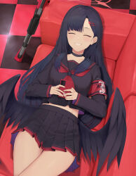Rule 34 | 1girl, black choker, black hair, black sailor collar, black serafuku, black wings, blue archive, cellphone, checkered floor, choker, closed eyes, commentary, feathered wings, grin, hair ornament, hairclip, halo, highres, holding, holding phone, ichika (blue archive), long hair, long sleeves, low wings, neckerchief, phone, piisu, red halo, red neckerchief, sailor collar, school uniform, serafuku, smartphone, smile, solo, wings