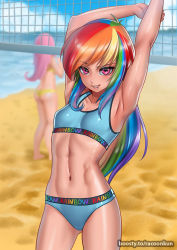 Rule 34 | 2girls, armpits, arms up, ball, bare arms, beach, beachball, bikini, blue bikini, blue hair, blurry, blurry background, breasts, collarbone, day, fluttershy, green hair, groin, long hair, looking at viewer, multicolored hair, multiple girls, my little pony, navel, ocean, orange hair, personification, purple hair, racoon-kun, rainbow dash, rainbow hair, red hair, shiny skin, small breasts, solo focus, sports bikini, straight hair, stretching, swimsuit, very long hair, volleyball net, watermark