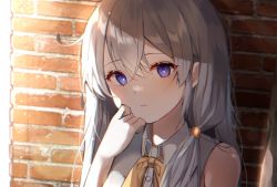 Rule 34 | 1girl, :&lt;, bare shoulders, blush, brick wall, chromatic aberration, closed mouth, elaina (majo no tabitabi), expressionless, hair between eyes, hair over shoulder, hand on own chin, highres, knowa, long hair, looking at viewer, majo no tabitabi, portrait, purple eyes, silver hair, solo, stick, upper body, yellow neckwear