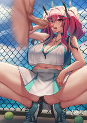 Rule 34 | 1boy, 1girl, absurdres, azur lane, bare shoulders, black panties, blue sky, blush, breasts, bremerton (azur lane), bremerton (scorching-hot training) (azur lane), censored, chain-link fence, crop top, crop top overhang, day, fence, handjob, hetero, highres, large breasts, long hair, looking at viewer, mosaic censoring, multicolored hair, navel, open mouth, panties, penis, pink eyes, pink hair, qblade, sky, solo focus, sportswear, squatting, streaked hair, sweat, tennis uniform, testicles, thighs, tongue, tongue out, twintails, two-tone shirt, two-tone skirt, underwear