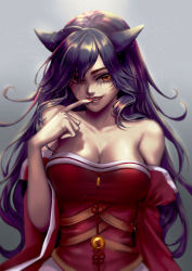 Rule 34 | 1girl, ahri (league of legends), animal ears, bare shoulders, black hair, breasts, cleavage, collarbone, commentary request, detached sleeves, facial mark, finger to mouth, fox ears, grey background, highres, league of legends, ling (vivianling), lips, long hair, medium breasts, nail polish, orange eyes, red nails, smile, solo, upper body, whisker markings