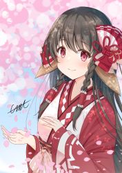 Rule 34 | 1girl, absurdres, ainu clothes, animal ears, aquaplus, arms up, braid, breasts, brown hair, cherry blossoms, closed mouth, commission, dress, emn, from side, hair between eyes, hair ornament, hand on own chest, highres, long hair, long sleeves, looking at viewer, medium breasts, petals, red dress, red eyes, rulutieh, sidelocks, skeb commission, smile, solo, upper body, utawarerumono, utawarerumono: itsuwari no kamen, utawarerumono: lost flag, very long hair, wide sleeves