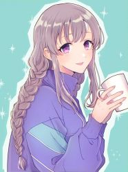Rule 34 | 1girl, :d, bandaid, bandaid on face, blue background, braid, coffee mug, cup, grey hair, holding, holding cup, idolmaster, idolmaster shiny colors, jersey, looking at viewer, looking to the side, mug, open mouth, otakunocamp, outline, purple eyes, simple background, smile, solo, sparkle print, twin braids, white outline, yukoku kiriko