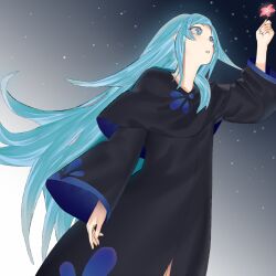 Rule 34 | 1girl, black background, black capelet, black robe, blue eyes, blue hair, capelet, commentary, cowboy shot, flower, from below, glowing flower, gradient background, hand up, holding, holding flower, kunagisa tomo, light particles, long hair, long sleeves, looking at object, looking up, mi8pq, parted lips, red flower, robe, solo, standing, very long hair, white background, wide sleeves, zaregoto series