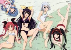 Rule 34 | 10s, 5girls, :d, absurdres, ahoge, arm support, armpits, arms up, ass, barefoot, bed sheet, belt, bikini, black bikini, black hair, blue eyes, blue hair, blunt bangs, blush, breasts, butt crack, casual one-piece swimsuit, child, choker, cleavage, clock eyes, closed mouth, copyright name, covered navel, cross-laced clothes, date a live, eyepatch, feet, frills, from above, gothic lolita, grey hair, groin, habe takashi, hair bobbles, hair ornament, hair ribbon, hairband, hairclip, halterneck, hand puppet, happy, high ponytail, highres, hip focus, huge filesize, indoors, itsuka kotori, knee up, kneepits, legs, legs together, legs up, light smile, lolita fashion, lolita hairband, long hair, long legs, low twintails, lying, medium breasts, mouth hold, multiple girls, navel, official art, on back, on bed, on side, on stomach, one-piece swimsuit, open mouth, page number, parted lips, pink one-piece swimsuit, ponytail, print bikini, puppet, purple bikini, purple eyes, purple hair, raised eyebrows, red bikini, red eyes, red hair, ribbon, scan, short hair, side-tie bikini bottom, sidelocks, sitting, small breasts, smile, soles, spread legs, star (symbol), star print, stitched, stuffed animal, stuffed rabbit, stuffed toy, swimsuit, symbol-shaped pupils, third-party edit, tobiichi origami, toes, tokisaki kurumi, twintails, very long hair, wavy hair, white bikini, white one-piece swimsuit, yatogami tooka, yellow eyes, yoshino (date a live), yoshinon