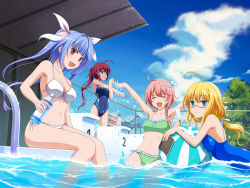 Rule 34 | 4girls, :d, absurdres, ahoge, alternate costume, armpits, arms up, bikini, blonde hair, blue eyes, blue hair, blue sky, blush, book, bottle, breast press, breasts, cleavage, closed eyes, closed mouth, cloud, collarbone, commentary request, competition swimsuit, covered navel, day, fang, frilled bikini, frills, front-tie bikini top, front-tie top, glasses, green bikini, hair between eyes, hair ornament, hair ribbon, highres, i-168 (kancolle), i-19 (kancolle), i-58 (kancolle), i-8 (kancolle), ishida seito, kantai collection, large breasts, long hair, looking at viewer, low twintails, medium breasts, multiple girls, navel, one-piece swimsuit, open mouth, outdoors, partially submerged, pink hair, polka dot, polka dot bikini, polka dot swimsuit, ponytail, pool, red-framed eyewear, red eyes, red hair, ribbon, semi-rimless eyewear, short hair, side-tie bikini bottom, sitting, sky, smile, soaking feet, star-shaped pupils, star (symbol), starting block, strap gap, stretching, swimsuit, symbol-shaped pupils, twintails, under-rim eyewear, water, water bottle, white bikini