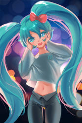 Rule 34 | 1girl, absurdly long hair, aopstation, aqua eyes, aqua hair, artist name, artist request, blue eyes, blue hair, bow, female focus, grey pants, grey shirt, hair bow, hands on own face, hatsune miku, highres, long hair, pants, parted lips, red bow, shirt, smile, solo, twintails, very long hair, vocaloid