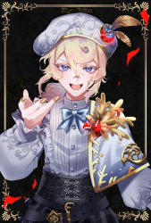 Rule 34 | 1boy, :d, absurdres, belt, beret, black background, blonde hair, blue capelet, blue eyes, bow, brooch, capelet, center frills, character name, colored eyelashes, corset, edgar valden, eyelashes, facial mark, framed image, frilled sleeves, frills, glowing, gold, gold nails, gold trim, golden ratio (identity v), hair between eyes, hat, hat feather, hat ornament, highres, identity v, jewelry, long sleeves, looking at viewer, low ponytail, male focus, neck ribbon, official alternate costume, open mouth, ponytail, puffy sleeves, reaching, reaching towards viewer, ribbon, shirt, simple background, smile, solo, striped, teeth, upper body, upper teeth only, user xvmr8354, vertical stripes, white hat, white shirt