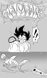 Rule 34 | !, !!, aura, black eyes, black hair, bubble, chomping, comic, dive mask, dragon ball, flying, funsexydb, greyscale, highres, monochrome, muscular, muscular male, scuba gear, son goku, spiked hair, tail, topless male