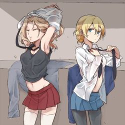 Rule 34 | 10s, 2girls, armpits, arms up, black legwear, blonde hair, blue eyes, blue sweater, breasts, darjeeling (girls und panzer), closed eyes, girls und panzer, kay (girls und panzer), looking at another, medium breasts, midriff, multiple girls, navel, necktie, pantyhose, pleated skirt, ree (re-19), skirt, sweater, tank top, thighhighs, undressing, wet, white legwear