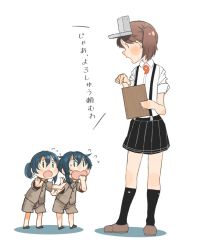 Rule 34 | 10s, 3girls, black hair, brown hair, clipboard, comic, commentary request, fairy (kancolle), flying sweatdrops, hair bun, hand to own mouth, kantai collection, kitsuneno denpachi, magatama, multiple girls, open mouth, outstretched arms, pleated skirt, pointing, ryuujou (kancolle), shirt, short hair, short sleeves, shorts, sidelocks, single hair bun, skirt, sleeves rolled up, socks, suspenders, translation request, twintails, visor cap, white background, white shirt
