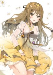 Rule 34 | 1girl, armpit cutout, assault rifle, bad id, bad twitter id, blurry, blush, boots, braid, breasts, brown eyes, brown hair, butterfly hair ornament, canape (canape0130), clothing cutout, collarbone, cowboy shot, depth of field, dress, flower, french braid, girls&#039; frontline, gun, hair between eyes, hair ornament, hairclip, hanbok, highres, holding, holding clothes, holding dress, holding skirt, juliet sleeves, k2 (far east princess) (girls&#039; frontline), k2 (girls&#039; frontline), korean clothes, leg up, long hair, long sleeves, medium breasts, official alternate costume, open mouth, puffy sleeves, rifle, side braid, sidelocks, simple background, skirt, smile, solo, standing, standing on one leg, thighs, very long hair, weapon, white background